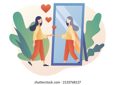 Selbstvertrauen. Gewiss starke Frau als Superheld im Spiegel. Selbstbild. Selbstliebe. Selbstentwicklung. Motivation. Moderner, flacher Cartoon-Stil. Vektorgrafik auf weißem Hintergrund