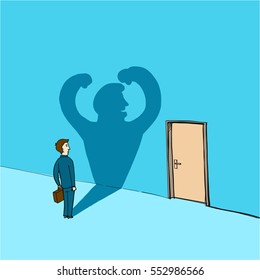 Self Confidence And Courage  - Conceptual Vector Illustration Of Man Standing In Front Of The Door