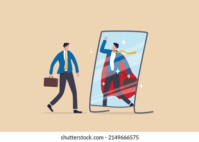 Self confidence or self esteem believe in yourself, positive attitude to success, ambition or determination to achieve goals, businessman looking at his strong ideal self superhero reflection mirror.