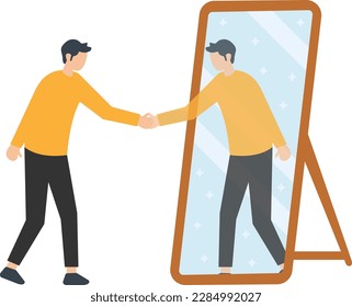 Self confidence or self esteem believe in yourself, positive attitude to success, determination to achieve goals, strong ideal self superhero reflection mirror
