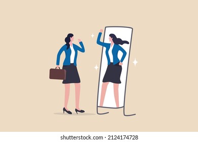 Self confidence and self esteem, motivation to success, positive thinking to boost confident and believe in yourself concept, businesswoman look at her strong confidence reflection in the mirror.