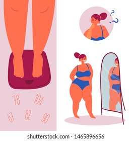 Self Confidence. Fashion Plus Size Body Positive Woman On Scales In Front Of The Mirror. Different Weight Is Good, Love Yourself. People Beauty, Fat And Weight Acceptance Movement. Vector Flat