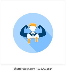 Icono plano de autoconfianza.Confianza individual en habilidades, capacidades y juicios. Personalidad fuerte. Interlocutor perfecto. Concepto de comunicación eficaz. Ilustración del vector
