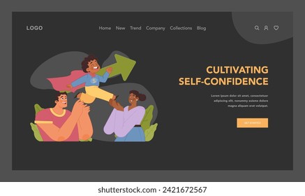 Self confidence growth concept. Child in superhero cape lifted by supportive family. Empowering young minds. Uplifting kids self esteem and supporting son ideas. Flat vector illustration.