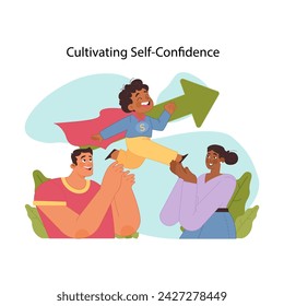 Self confidence growth concept. Child in superhero cape lifted by supportive family. Empowering young minds. Uplifting kids self esteem and supporting son ideas. Flat vector illustration.