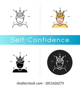Self confidence icon. Feeling of overconfidence, narcissism. Arrogant attitude. Linear black and RGB color styles. Self assured, egotistical person in crown isolated vector illustrations