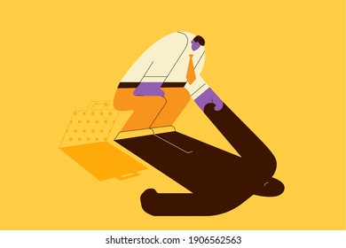Self confidence, independence, leadership concept. Businessman helping his own shadow to stand up Believing and relying on himself over yellow background vector illustration 