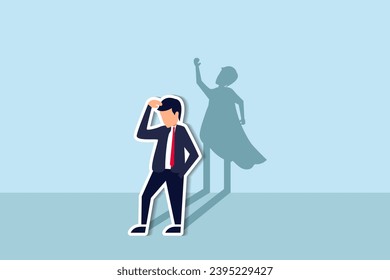 Self confidence or leadership to bring full potential and strength, motivation to achieve business success concept, self doubt businessman standing with his skillful power superhero shadow on the wall