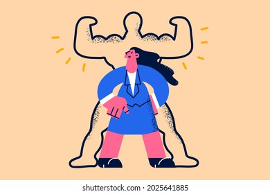 Self confidence and leadership concept. Young businesswoman cartoon character in suit standing with superhero shadow behind on wall vector illustration 