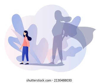 Self confidence metaphore. Self-image. Confident strong woman as superhero. Self love. Self development. Motivation. Modern flat cartoon style. Vector illustration on white background