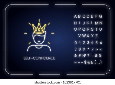 Selbstvertrauen Neonlicht Symbol. Äußerer leuchtender Effekt. Arrogantes Haltungszeichen mit Alphabet, Zahlen und Symbolen. Selbstbewusste, egoistische Person auf Kronvektorgrafik einzeln auf RGB-Farbgrafik