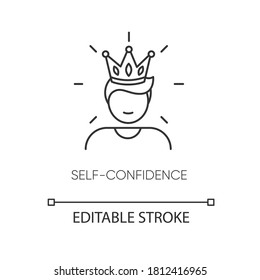 Self confidence pixel perfect linear icon. Thin line customizable illustration. Contour symbol. Self assured, egotistical person in crown vector isolated outline drawing. Editable stroke