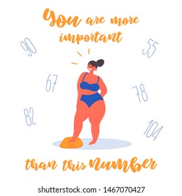 Self confidence. Plus size body positive girl on scales and numbers. You are more important than that number lettering. Love your body and yourself concept. Fat and your weight does not matter. Flat