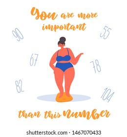 Self confidence. Plus size body positive girl on scales and numbers. You are more important than that number lettering. Love your body and yourself concept. Fat and your weight does not matter. Flat