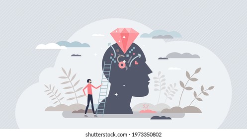 Self confidence as positive esteem attitude to yourself tiny person concept. Emotional reflection and feeling with individual believe, mental judgment and evaluation vector illustration. Proud leader.