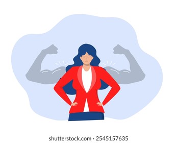 Self confidence ,positive thinking to boost confident ,Brave confident smiling woman standing showing biceps shadows facing fears like powerful hero feeling powerful confident with inner strength