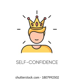 Self confidence RGB color icon. Feeling of overconfidence, narcissism. Arrogant attitude. Self assured, egotistical person in crown isolated vector illustration