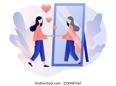 Self confidence. Self-image. Confident strong woman as superhero in mirror. Self love. Self development. Motivation. Modern flat cartoon style. Vector illustration on white background