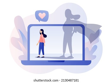Self confidence. Self-image online. Confident strong woman as superhero in laptop. Self love. Self development. Motivation. Modern flat cartoon style. Vector illustration on white background