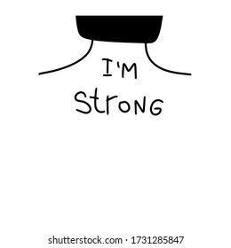 Self confidence, strength quote vector design concept with I’m strong handwritten phrase styled as a tattoo on a woman’s back. Cropped abstract female figure, with bob haircut and shoulders line.