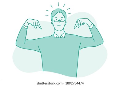 Self confidence, success, leadership concept. Happy young businessman cartoon character standing and pointing with fingers at himself feeling proud and confident as symbol of success 