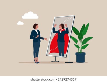 Self confidence. Woman looking at his strong ideal self superhero reflection mirror. Flat vector illustration