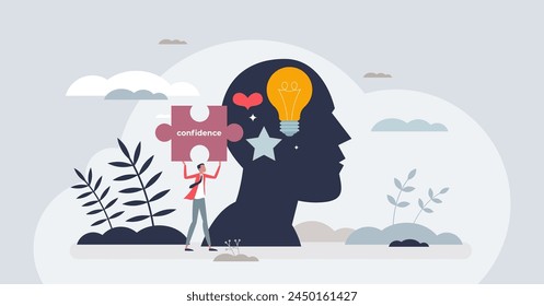 Self confidence and yourself mental or body acceptance tiny person concept. Individuality characteristics with healthy attitude and mindset vector illustration. Personality and inner emotional state.