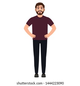 Self Confident Bearded Guy, A Man Stands In A Heroic Pose, Cartoon Character Vector Illustration