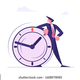 Self Confident Businessman Leaning on Huge Clock. Deadline, Time Management in Working Process and Procrastination Concept. Planning and Strategy for Business Solution. Cartoon Vector Illustration