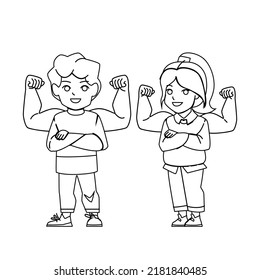 Self Confident Kid Vector. Happy Strong Boy Girl, Success Victory Kid, Power Hero Self Confident Kid Character. People Black Line Pencil Drawing Vector Illustration