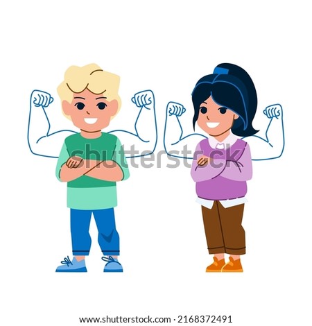 self confident kid vector. happy strong boy girl, success victory kid, power hero self confident kid character. people flat cartoon illustration