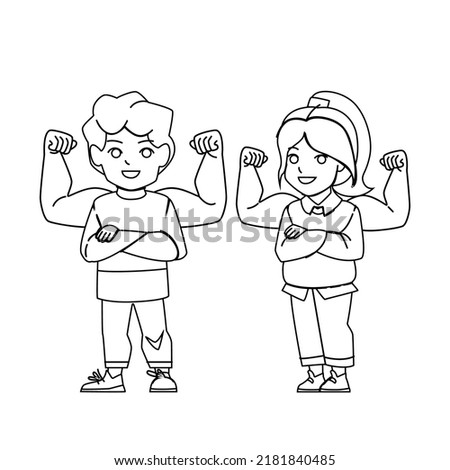 self confident kid vector. happy strong boy girl, success victory kid, power hero self confident kid character. people black line pencil drawing vector illustration