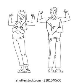 Self Confident Man And Woman Feeling Power Vector. Self Confident Businessman And Businesswoman Feel Strong Muscle. Characters Motivation And Strength black line illustration