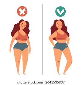 Self confident and unconfident woman concept. Vector flat graphic design illustration