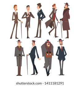 Personajes de caballeros victorianos autoconfiados, ricos y exitosos en elegante ilustración vectorial