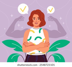 Self confident woman. Young girl against background of shadows with pumped up arms. Positive and optimistic. Mental and psychological health. Inner power and strenght. Flat vector illustration