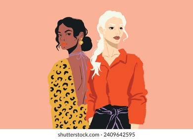 Self confident women portrait. Concept of freedom, women’s rights and equality, women’s day illustration. Colored modern flat vector hand painted art isolated on simple background