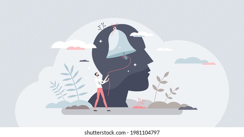 Self conscious and awareness as attention to inner human tiny person concept. Sharp thinking and notice actions around as awake yourself with inner ringing bell vector illustration. Psychology scene.