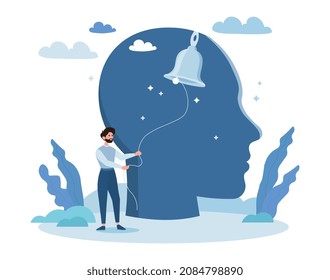 Self conscious concept. Man stands against background of silhouette of head, metaphor for psychological research. Awareness and searching for meaning of life. Cartoon flat vector illustration