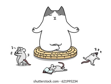 Self Control. Cat Meditates Surrounded By Mice.