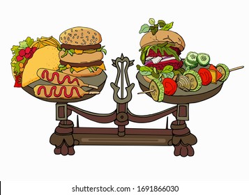 Self Control. Choice Of Fast Food Meats Or Vegetables. Scales, Burger, Corn Dog, Burrito, Beetroot Vegetable Burger, Grilled Vegetables, Cucumbers. Cartoon Style Illustration. Stock Illustration.