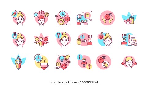 Self control color line icons set. Ability to regulate one's emotions, thoughts, and behavior in the face of temptations Pictogram for web page, mobile app, promo. Editable stroke.