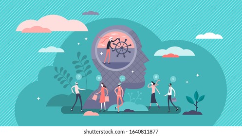 Self control concept, flat tiny person vector illustration. Symbolic thought process steering and inner guidance process. Social relationships and personal growth vision. Abstract people thoughts.