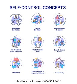 Self control concept icons set. See big picture. Avoid impulsive decision. Personal regulation idea thin line RGB color illustrations. Vector isolated outline drawings. Editable stroke