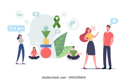 Self Control Concept. Male and Female Characters Keep Mental Balance Avoid Aggression and Stressful Reaction. People Sitting in Lotus Posture Meditate and Feel Calm. Cartoon Vector Illustration