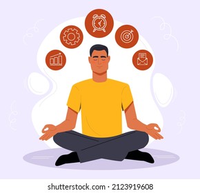 Self control concept. Man sits in lotus position, character takes care of mental peace. Breathing and anger management, clearing head of unnecessary information. Cartoon flat vector illustration