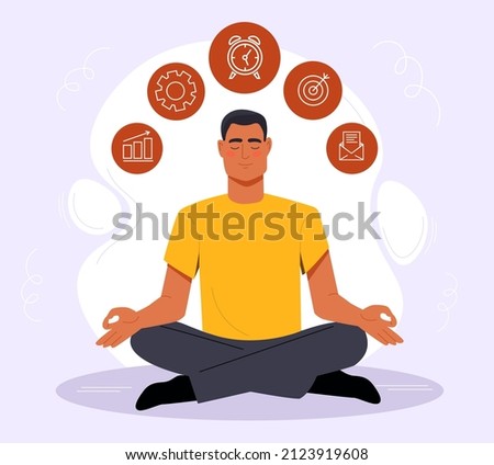 Self control concept. Man sits in lotus position, character takes care of mental peace. Breathing and anger management, clearing head of unnecessary information. Cartoon flat vector illustration