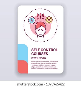 Plantilla de folleto de cursos de autocontrol. La ayuda psicológica cubre el diseño. Diseño de impresión con caricatura de ilustración lineal sobre fondo blanco