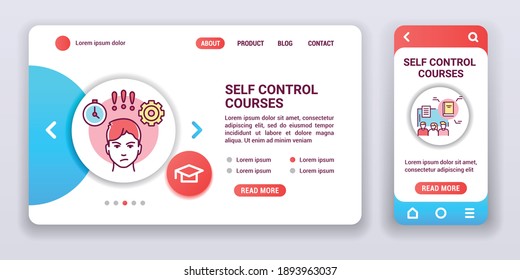 Self control courses web banner and mobile app kit. Psychologycal help. Outline vector illustration