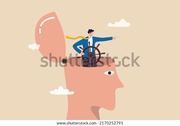 Self control or leadership thinking for business\
decision or guidance to the right direction, motivation, mindset or\
consciousness concept, businessman leader control steering wheel\
helm on his head.